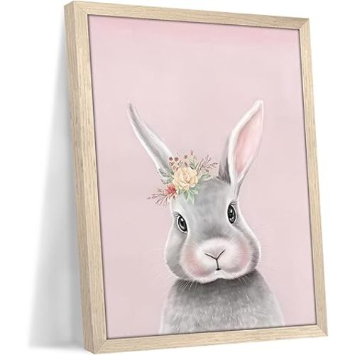 Pink Easter Bunny Rabbit Wall Art, Cute Rabbit Easter Canvas Print Paintings, Rustic Farmhouse Spring Flower Animal Wall Decor for Nursery Girls Room Bedroom Kids Room 12x16 Inch Framed