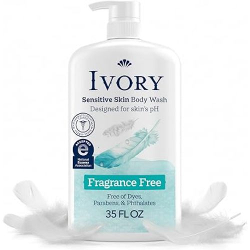 Ivory Sensitive Body Wash, Fragrance-Free, Designed for the Whole Family, Gentle Formula, Free of Dyes Heavy Perfumes Parabens Phthalates & Silicones, Designed for Skin's pH, 35 oz