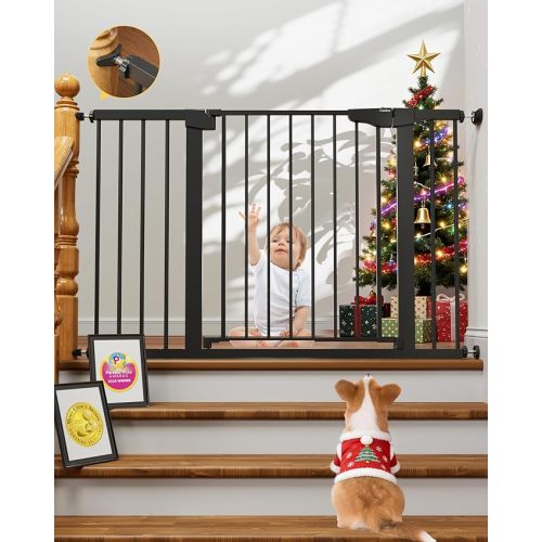 Cumbor 29.7-48" Baby Gate for Stairs, Mom's Choice Awards Winner-Dog Gate for Doorways, Auto Close Safety Pet Gate for Dogs Indoor, Easy Install Pressure Mounted Child Gate with Walk Thru Door, Black