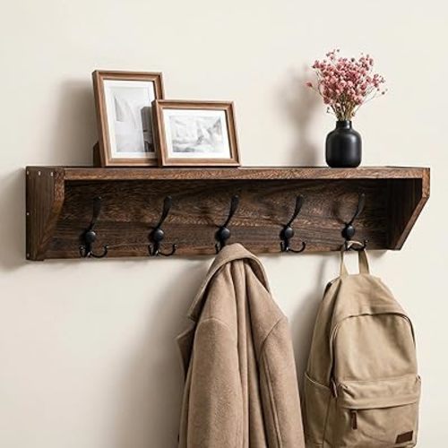 Geelin 35 Inch Wall Shelf with Hooks and Shelf Organizer Wall Mount Coat Rack with 5 Triple Hooks for Hanging for Entryway, Hallway, Bathroom, Living Room, Bedroom
