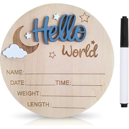 Baby Announcement Sign, 5.9 Inch Wooden Hello World Newborn Signs, Birth Announcement Sign and Pen, Moon and White Cloud Decoration, Welcome Newborn Arrival to World (Navy Blue)