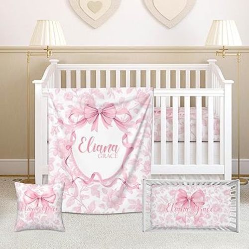Custom Name Baby Girl Crib Bedding Set – 3 Pcs Pink Bow Nursery Set with Flannel Blanket, Fitted Sheet & Pillowcase – Personalized Newborn, Infant & Toddler Gift