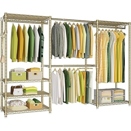 Ulif E1 Heavy Duty Closet Garment Rack, 6 Tiers Adjustable Metal Freestanding Expandable Clothing Storage with 4 Hanger Rods, Easy to Assemble Wardrobe, 71.4" H x (70" - 88.2") L x 14" D, Gold
