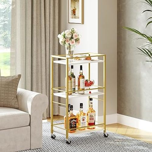 Bar Cart for The Home, 3-Tier Drink Cart on Wheels, Home Bar Serving Cart, Mini Bar Cart for Small Space, Rolling Kitchen Carts for Bar, Kitchen, Dining Room, Gold RCJW4001