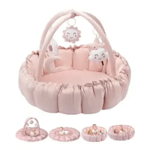5-in-1 Convertible Baby Gym Play Mat with Hanging Toys, Soft Padded Baby Lounger & Ball Pit, Plush Tummy Time Mat for Newborns to Toddlers, Machine Washable, Gray/pink,back to school - TikTok Shop