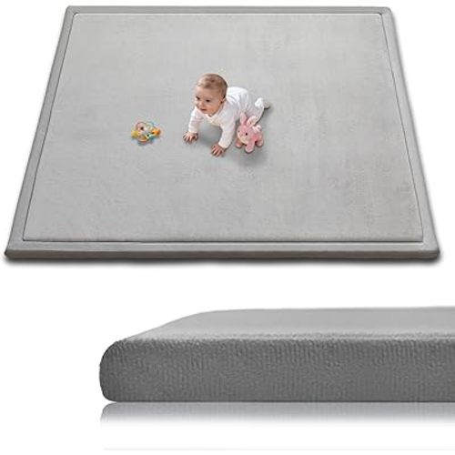 Baby Play Mat for Floor, 1.3 Inch Thick Memory Foam Tummy Time Mats with Non Slip Backing, Soft Coral Velvet 50×50 Inch Playpen Mat Crawling Tatami for Infants Toddlers Kids, Light Grey