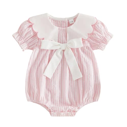 BemeyourBBs Baby Girl Bubble Romper Short Sleeve Peter Pan Collar Jumpsuit with Bow Cute Newborn Infant Girl Summer Clothes