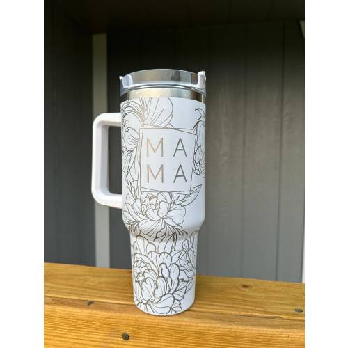 MAMA Flower Engraved Wrap Stanley-Style 40 Ounce Cup with Handle