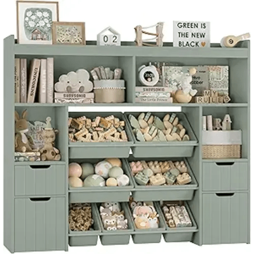 HORSTORS 55" W Toy Storage Organizer with Drawers, Large Kids Toy Storage Box with Removable Bins, Tall Kids Bookshelf and Bookcase for Boys and Girls, Modern Toy Chest for Playroom, Classroom, Green