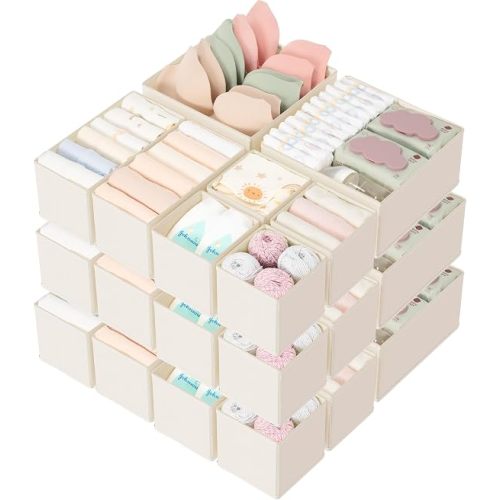 Drawer Organizer 18-Piece Set, Dresser Organizer for Baby Clothes, Foldable Closet Storage & Drawer Dividers for Underwear, Socks, Nursery (Beige)