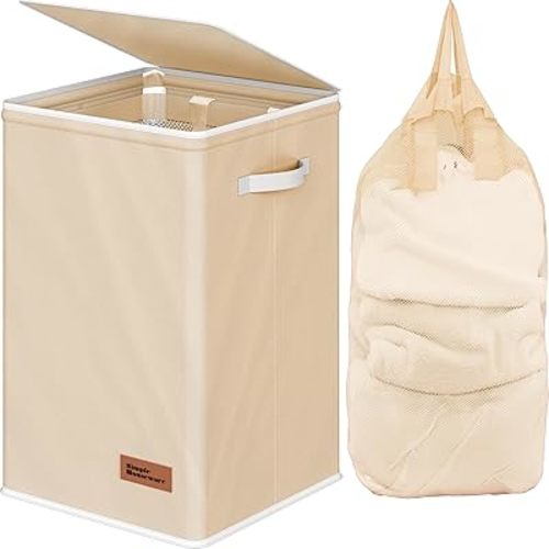 Simple Houseware Foldable Laundry Hamper Basket with Lid and Bag, Beige