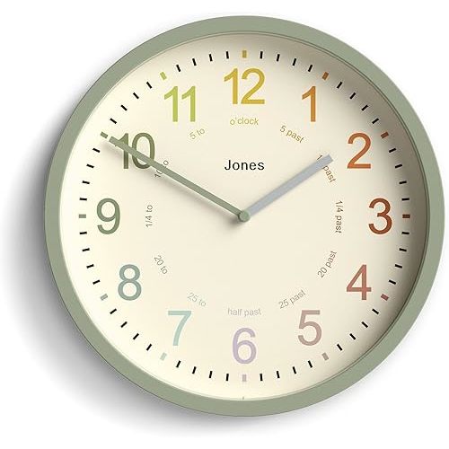 JONES CLOCKS® Kids Wall Clock | Small Modern Children’s Nursery Clock | 10 inch | Sage Green | Colourful dial for Learning to Tell The time