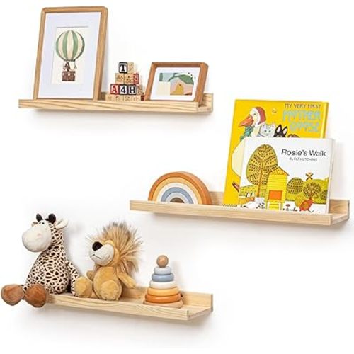 Picture Ledge Shelf for Wall, 24 inches Solid Pine Wood Nursery Book Shelves 3 Packs, Floating Ledge Shelves for Kids' Room Bedroom Bathroom Living Room Photo Frames Office Nursey Wall Decor, Natural