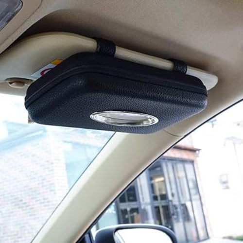 Sun Visor Tissue Holder, Zipper Napkin Holder, PU Leather Backseat Tissue Case for Car, Vehicle (Black)
