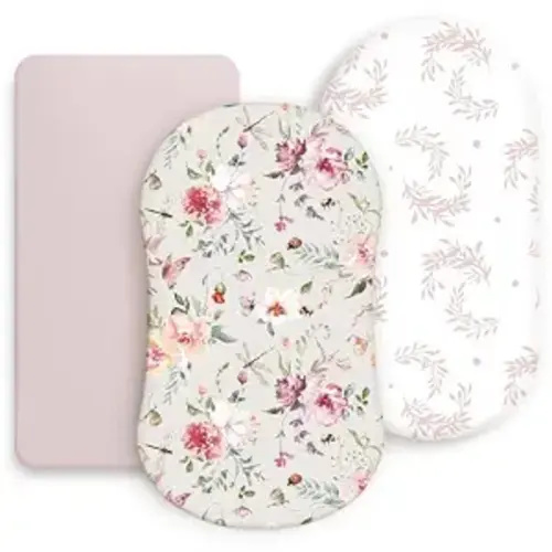 Stretch Ultra Soft Fitted Bassinet Sheet Set 3 Pack, Universal Fit for Bassinets Baby Cradle Moses Basket Oval Rectangle Mattress Safe and Snug, Beautiful Flowers and Insects Pattern for Baby Girls