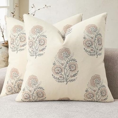 YCOLL Vintage Floral Print Pillow Covers 16x16 Set of 2 Patterned Accent Decorative Cushion Covers Modern Farmhouse Throw Pillow Covers for Sofa Couch Chair Bed Living Room Home Decor, Blush Pink