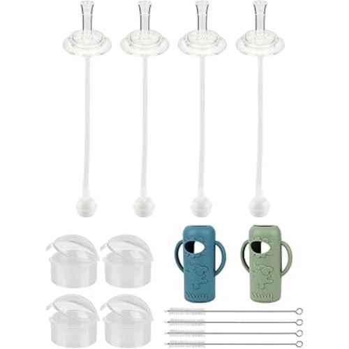 Straw Cup Conversion Kit with Silicone Sleeves for Dr. Brown's Narrow Glass Baby Bottle 8oz,Weighted Straw Replacement Kit with Soft Straw Top and Handle,6m+,Set of 4