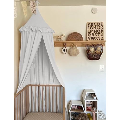 JIKAL Kids Bed Canopy with Ruffles Cotton Hanging Tent Frills Curtain Net for Baby Nursery Room Children Reading Nook Decor
