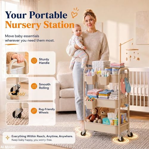 Beige 3 Tier Rolling Storage Cart Metal on Wheels, Cream Diaper Caddy Carts