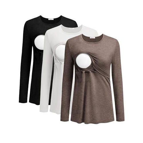 Ekouaer Women Long Sleeve Nursing Shirts 3 Pack Breastfeeding Round Neck Top Double Layer Maternity Tshirt Pregnancy Clothes