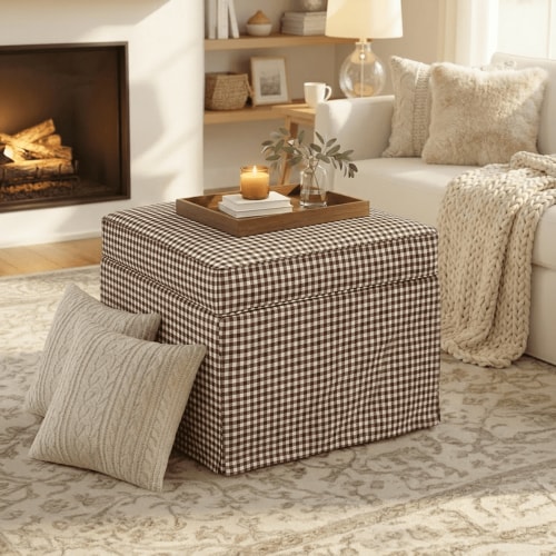 My Texas House Alamo Large Skirted Ottoman, Gingham Check