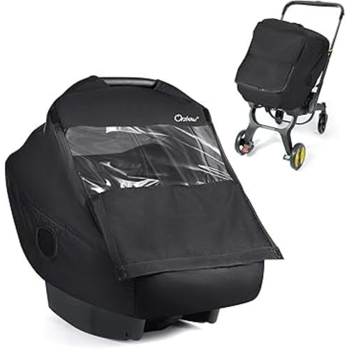 Winter Baby Carseat Cover with Clear Peep Window, Universal Car Seat Rain Cover with Zipper Door and Side Ventilation, All-Round Snow, Wind & Rain Canopy Waterproof Cover, Machine Washable, Black