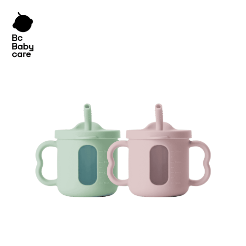 Bc Babycare Silicone Straw Sippy Cup, See-through Toddler Straw Cups, Sippy Cups with Handles, Green Pink Cups (2pcs)