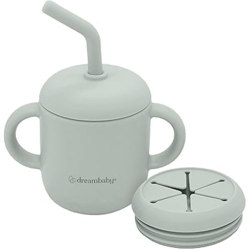 Dreambaby Silicone 3-in-1 Sippy Cup with Straw, Open Training Cup, and Snack Cup - Spill Proof Baby Snack Food Container, Seafoam, L5032A