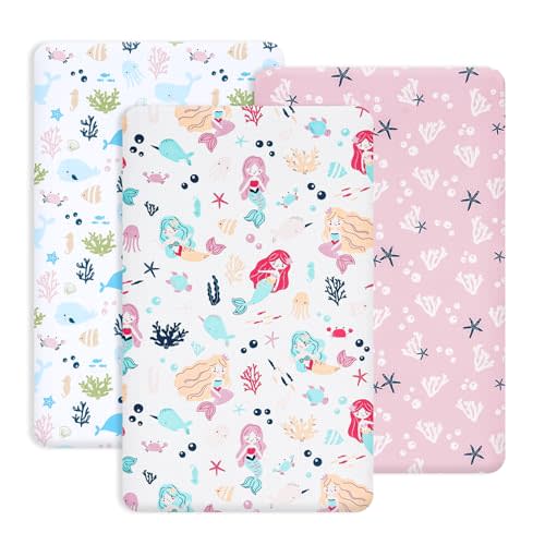 PHF 3 Pack Soft Mini Crib Sheets, Mermaid Silky Pack N Play Sheets for Baby Boys Girls, Universal Fit for Pack N Play, Playard, Portable and Mini Crib Mattresses, Mermaid