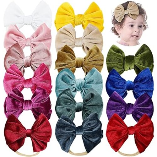 Cinaci 16 Pack Super Stretchy Thin Slim Nylon Headbands with Big Velvet Solid Knot Bow Hair Bands Accessories for Baby Girls Newborns Infants Toddlers Kids