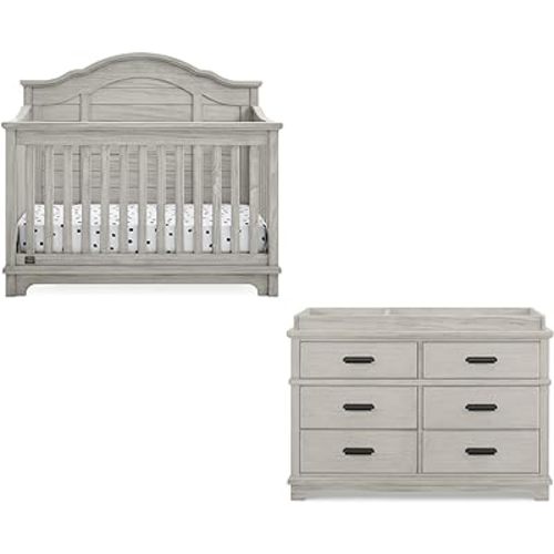 Delta Children Asher Crib and Dresser Nursery Furniture – 6-in-1 Convertible Crib with Toddler Rail | Fully Assembled 6 Drawer Dresser with Changing Top | Rustic Mist