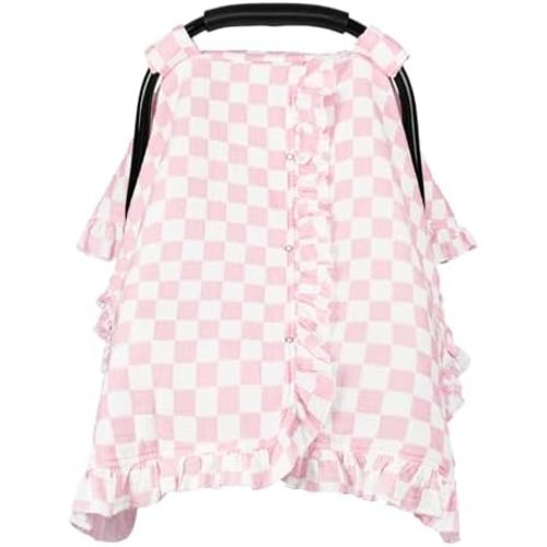Muslin Car Seat Cover Baby Girls, Infant Carseat Cover for Summer Use, Breathable Newborn Car Seat Canopy, Pink Checkered