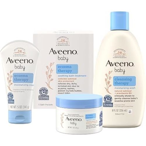 Aveeno Baby Eczema Therapy Bundle, 4 Items: Nighttime Balm, 1 oz + Moisturizing Cream, 5 oz + Soothing Bath Treatment, 5 ct + Moisturizing Baby Body Wash, 8 oz