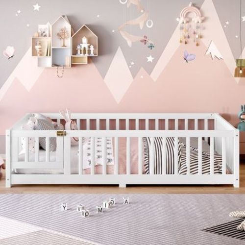 Bellemave Full Floor Bed for Kids with Guardrails and Door, Low Montessori Bed Frame, Removable Slats, Solid Pine Wood, White