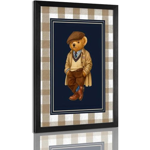 Vintage Teddy Bear Canvas Wall Art Polo Trench Coat Animals Poster Funny Minimalist Lattice Pictures Canvas Prints Painting For Living Room Bedroom Apartment Wall Decor 12x16in Unframed