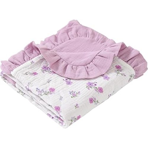 Cotton Muslin Baby Blanket 36x40 in, Reversible Crib Swaddle(Purple)