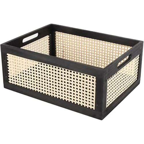 Wooden Frame Storage Basket, Decorative Organizer Crates Box with Built-in Handle,Natural Wire Wood Nesting Drawer Storage for Kitchen, Bathroom and Office Desktop-(15" Lx11 Wx6.3 H-Black)