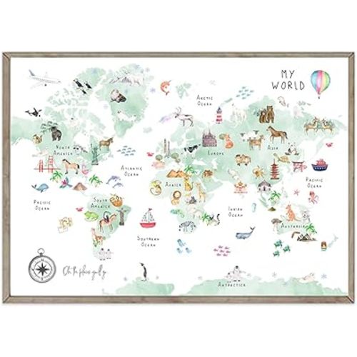 Green Kids World Map Wall Art Animal Map Canvas Wall Art Nursery Wall Decor World Map Poster Childrens Room Decor Playroom Prints Educational Artwork 16x24 Inch Unframed