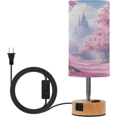 Fairyland Castle Touch Control Bedside Table Lamp for Bedroom - 3 Way Dimmable Eye Care LED Desk Lamp with USB Ports Wood Base Round Flaxen Fabric Shade for Kids Room Living Room Office