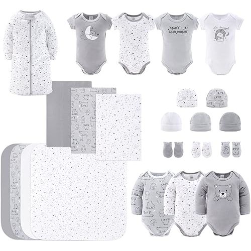 The Peanutshell Newborn Clothes & Accessories Set - 23 Piece Layette Gift Set - Fits Newborn to 3 Months - Grey Celestial & Bear