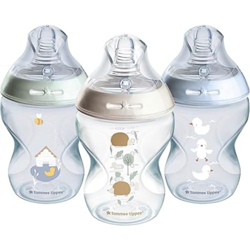 Tommee Tippee Baby Bottles, Natural Start Anti-Colic Baby Bottle with Slow Flow Breast-Like Teat, 260ml, 0m+, Self-Sterilising, Baby Feeding Essentials, Decorated, Pack of 3
