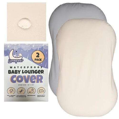 100% Waterproof Baby Lounger Cover - 2-Ply Organic Cotton Slipcovers Keep Your Lounger Clean & Your Baby Comfy - Machine Washable - (Lounger Not Included) - 2-Pack Includes Gray & Off-White