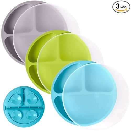 WeeSprout Suction Plates with Lids for Babies & Toddlers - 100% Silicone, Dinnerware Stays Put, Divided Design for Picky Eaters, Microwave & Dishwasher Friendly, 3 Pack