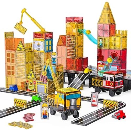 SKTMYY Magnetic Tiles Construction Toys with Road & Crane & Marble Run, Double-Sided Fire Station & Building Magnet Tiles for Kids Ages 4-8, STEM Magnetic Blocks Gifts for 3 4 5 6 7 8 Years Old Boys