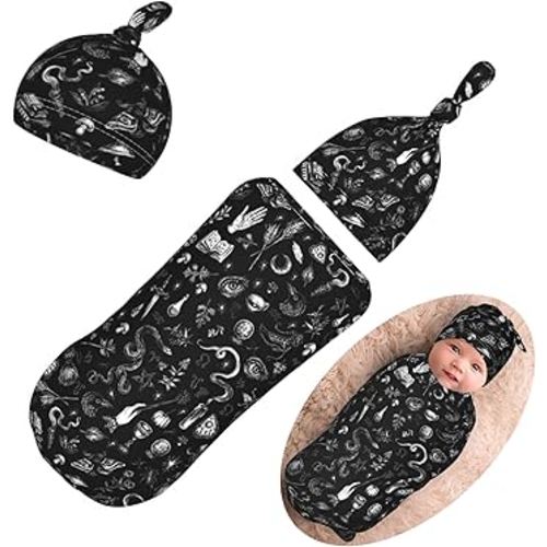 Halloween Newborn Swaddling Blanket Beanie Hat Sets Soft Baby Receiving Funny Goth Skull Blanket Soft Sleeping Bag New Born Soft Sleep Sacks for Boys Girls