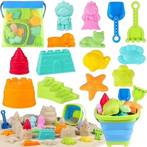 Collapsible Beach Toys for Kids Toddlers, Foldable Sand Bucket and Shovels Set with Mesh Bag & Sand Castle Building Kit, Travel Sand Toys for Beach Essentials, Sandbox Toys for Baby Kids Age 3-10