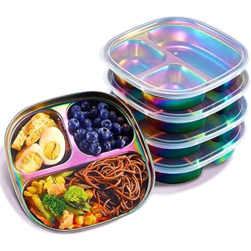 MIMORE Stainless Steel Kids Plates - 5 Pack Toddler Plates with Lids - Non Toxic & Divided