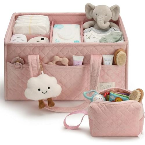 Baby Diaper Caddy Organizer, Baby Basket Shower Gift, Portable Changing Table Basket, Postpartum Caddy & Tote Bag Pouch, Newborn Boy & Girl Nursery Essentials Registry, Car Diaper Organizer