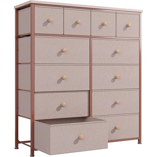Bepatio Dresser for Bedroom with 12 Drawers, Fabric Dressers & Chest of Drawers with Sturdy Metal Frame, Wood Top, for Woman, 40.6" W x 11.8" D x 44.5" H (Pink)