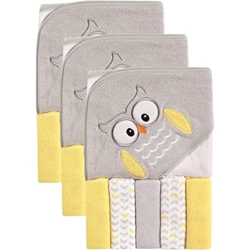 Luvable Friends Unisex Baby Hooded Towel with Five Washcloths, Owl, One Size (Pack of 3)